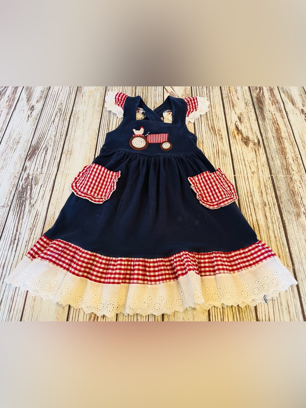 Navy Dress Gingham & Eyelet Trim Tractor & Chicken Country Farm Girl's 5T